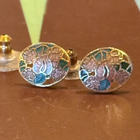 Jewelry - Vintage Enamel Cloisonné Gold, Pink, and Green Floral Post Earrings
